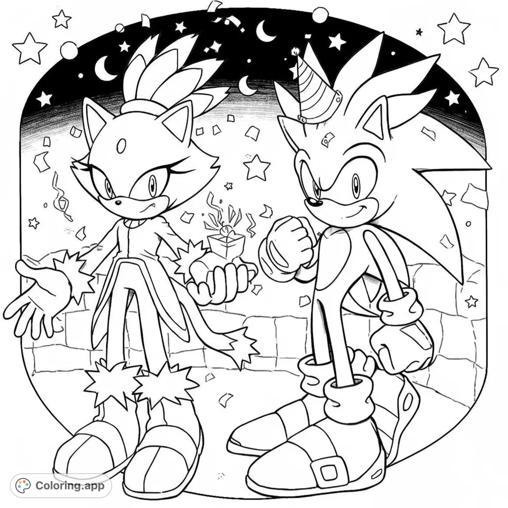 A vibrant Sonic the Hedgehog coloring page featuring Sonic, Blaze, and Silver celebrating under a starry sky, perfect for fans of all ages.