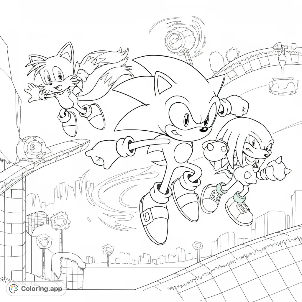 Dynamic Sonic the Hedgehog coloring page featuring Sonic, Tails, and Knuckles leaping through a stylized Green Hill Zone with speed lines. Perfect for fans!