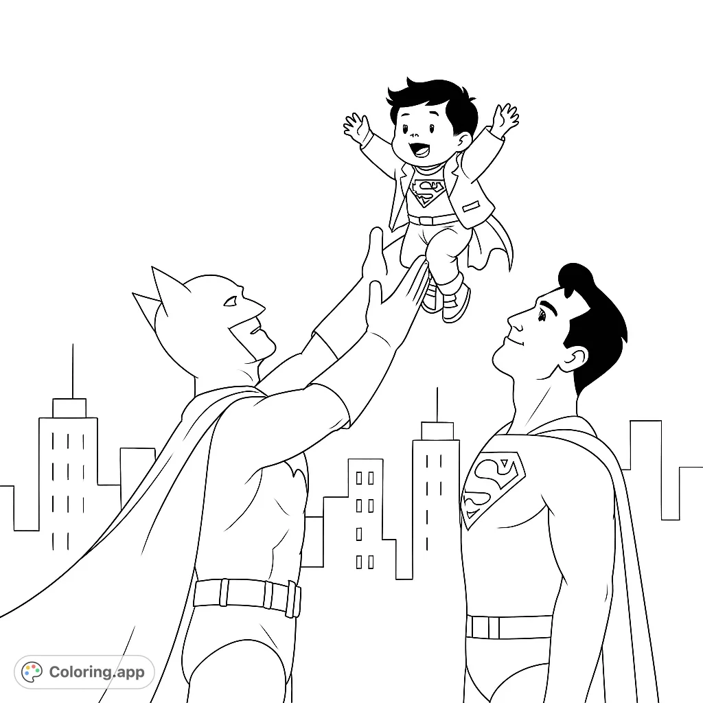 A heartwarming superhero family coloring page featuring Batman and Superman joyfully playing with a child, set against a dynamic city skyline.