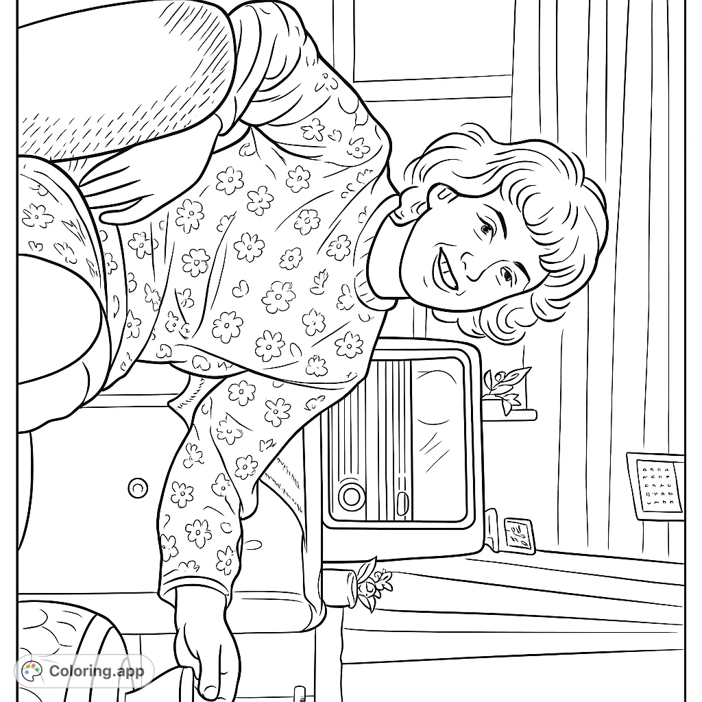 A smiling woman in a floral dress, captured in a cozy vintage room with a classic radio. Perfect for a nostalgic coloring experience.