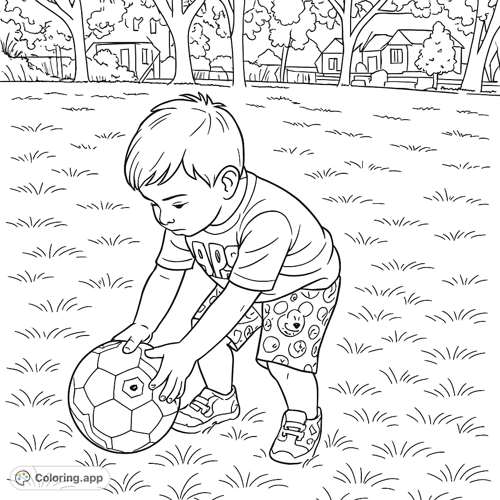 A delightful scene of a young child playing with a soccer ball on a sunny grassy lawn, surrounded by trees and houses. Perfect for kids and sports fans.