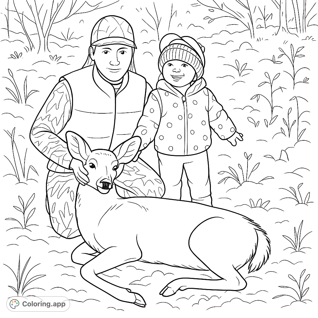 A heartwarming winter hunting scene featuring a hunter, a child, and a deer in a snowy landscape, perfect for nature and outdoor enthusiasts.