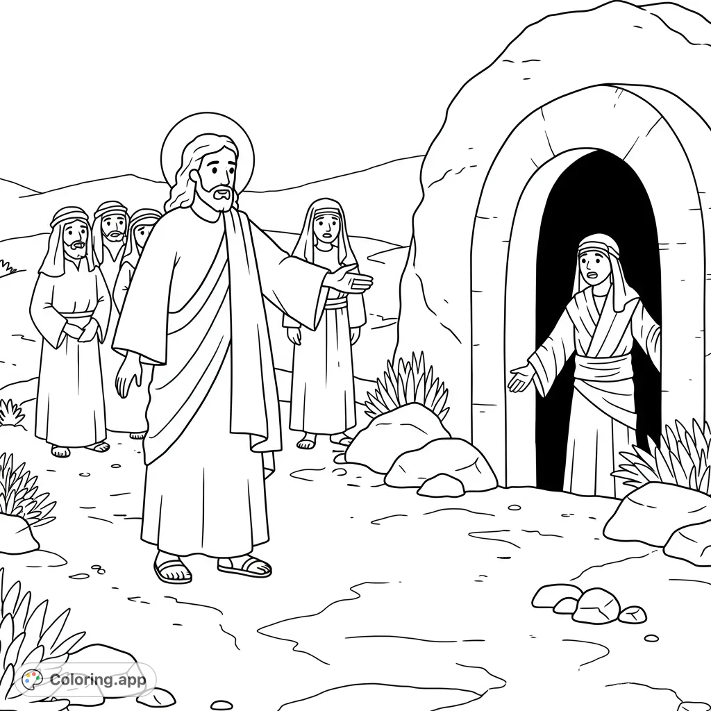 Experience the miracle of Jesus calling Lazarus from the dead in this inspiring Jesus calling Lazarus coloring page. A free printable coloring page for all ages.