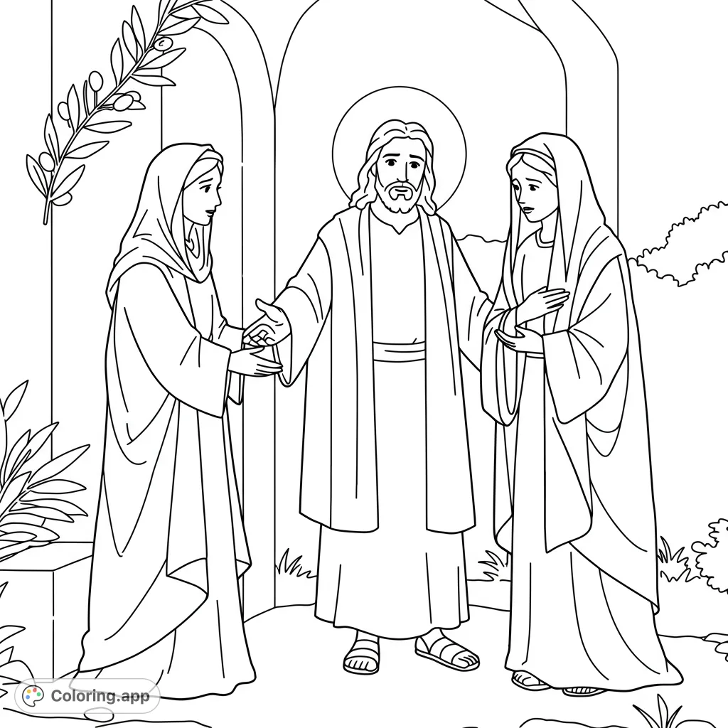 A poignant Mary and Martha coloring page depicting their sorrowful plea to Jesus about Lazarus, perfect for reflection and spiritual growth.