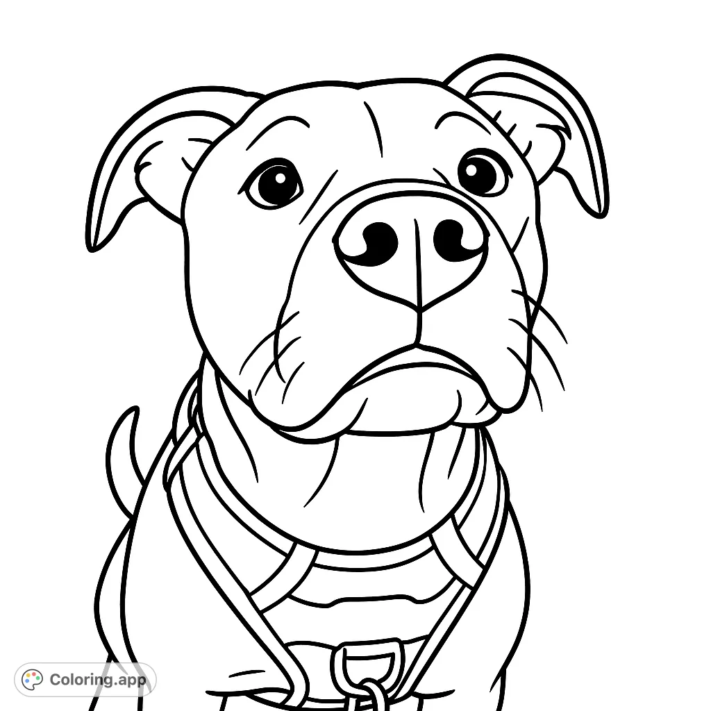 A charming dog in a harness looks up with curious eyes, ready for adventure. A delightful cartoony dog coloring page for all ages.