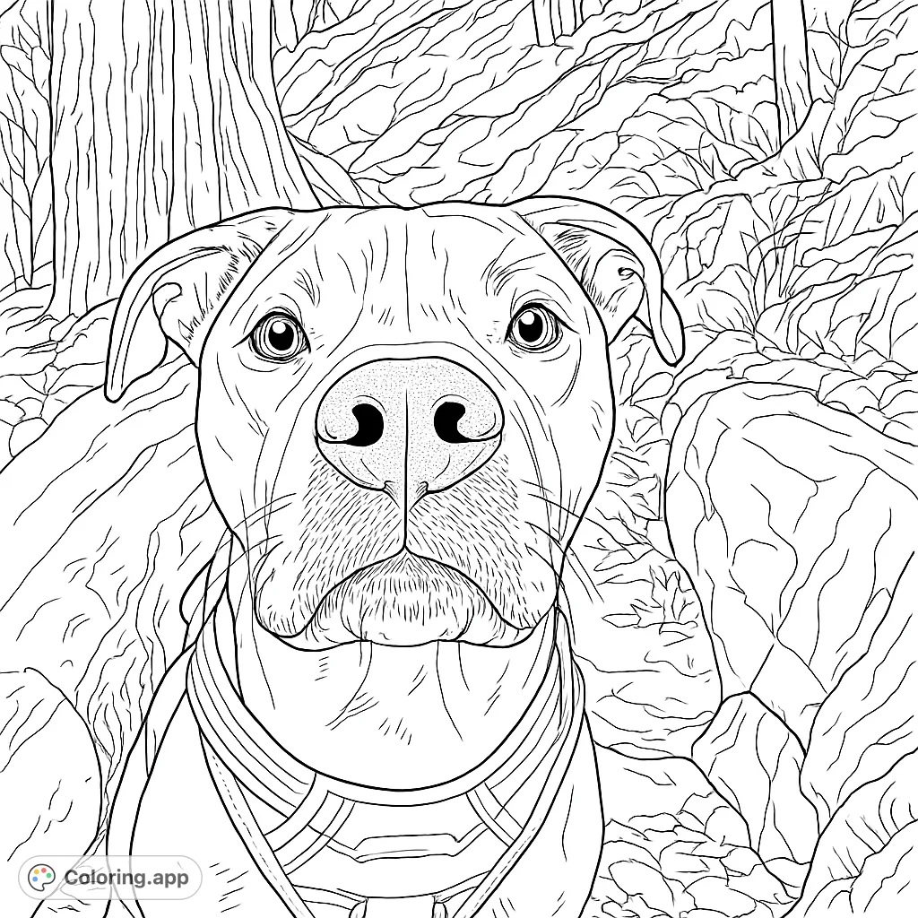 A charming close-up of a friendly dog in a harness, ready for adventure. Perfect for dog lovers to color and personalize with vibrant hues.