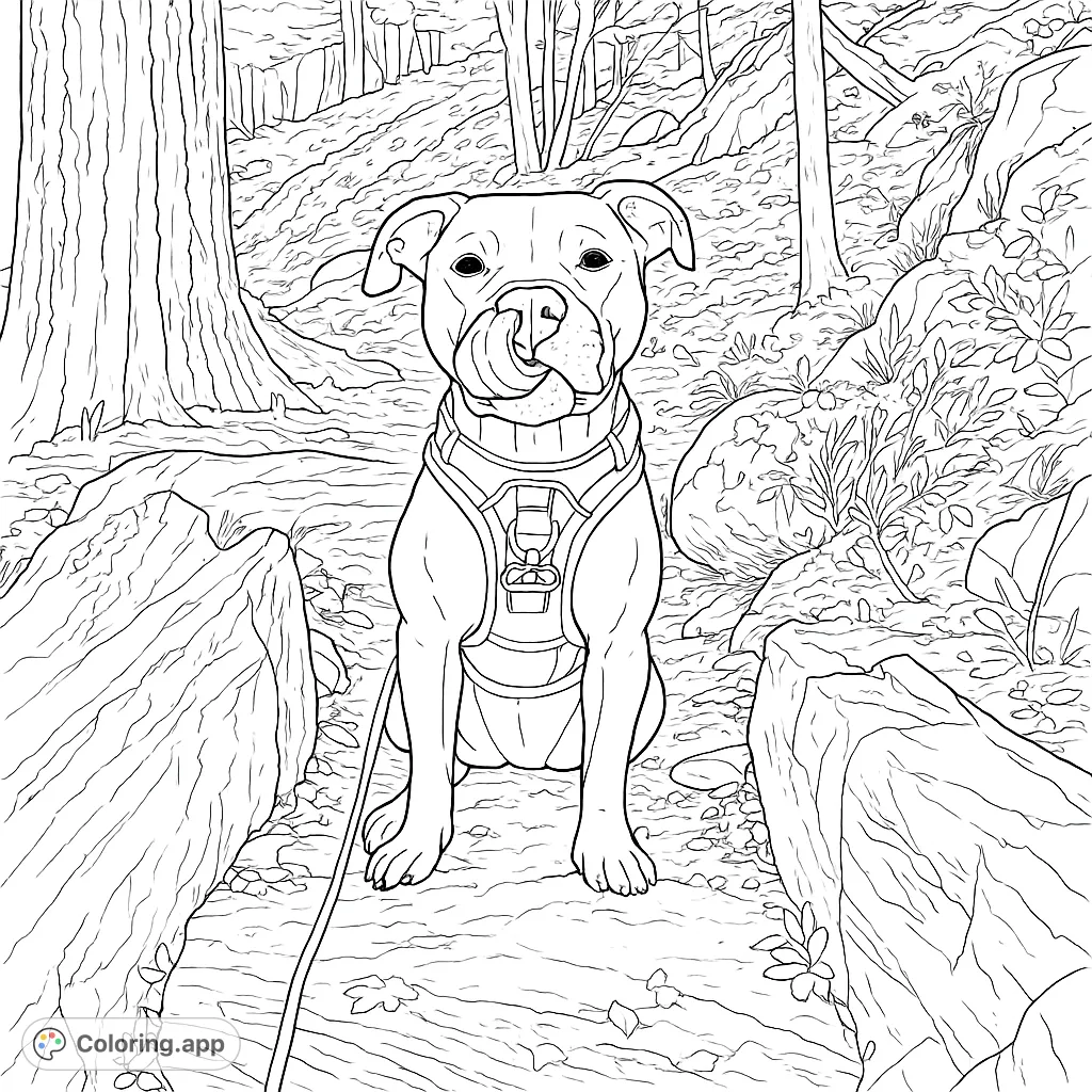 A charming dog with its tongue out sits on a forest trail, surrounded by textured rocks and trees. Perfect for dog lovers and nature enthusiasts.