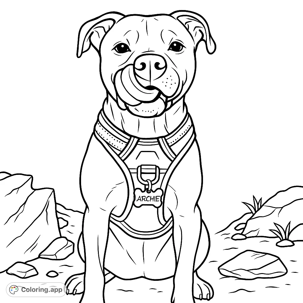 A charming dog with a harness, caught mid-lick, ready for your creative colors. A delightful dog coloring page, free printable for all ages.