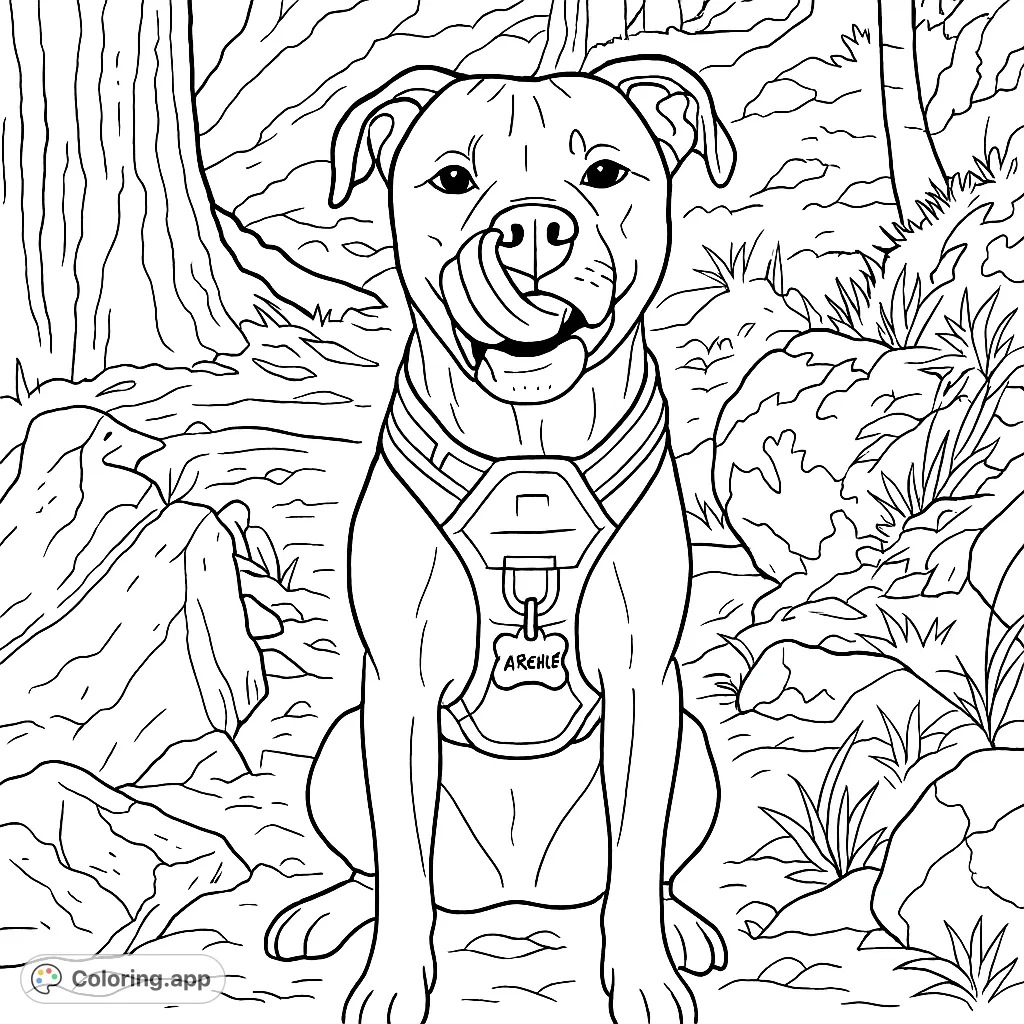 A delightful dog coloring page featuring a playful pup licking its nose in a natural setting. Perfect for dog lovers and all ages!