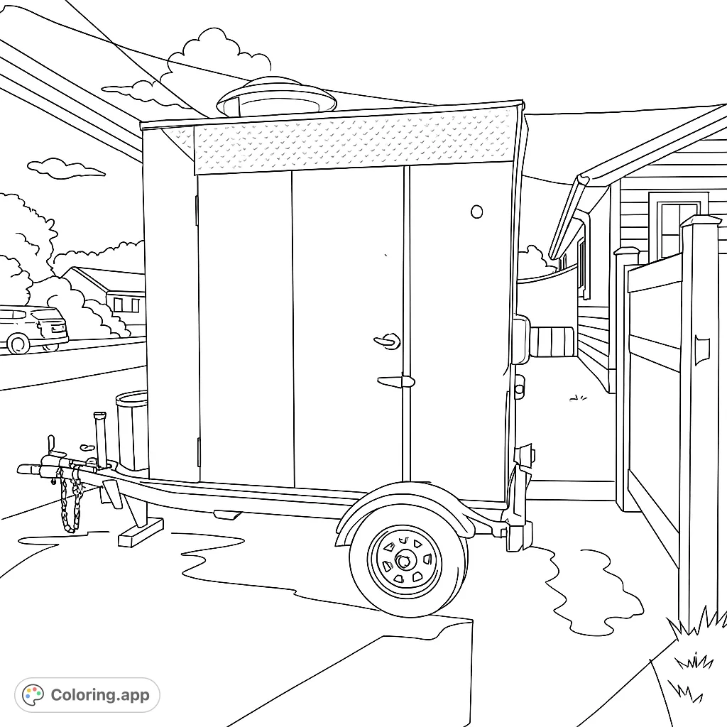 Color a sturdy utility trailer in a suburban setting, featuring a detailed hitch, wheel, and a background with a house, trees, and power lines.