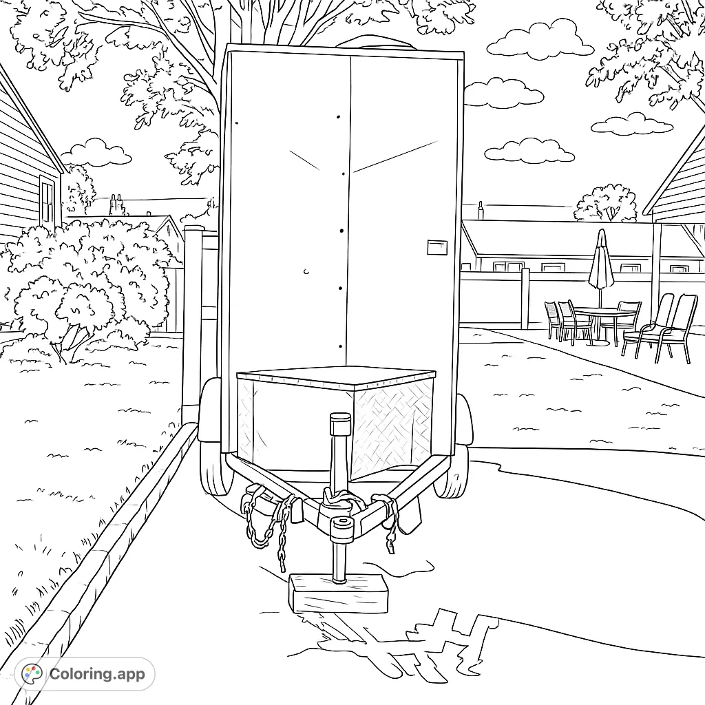 Color a tall utility trailer with a detailed hitch, set in a suburban backyard with houses, trees, and a fence. Perfect for vehicle enthusiasts.