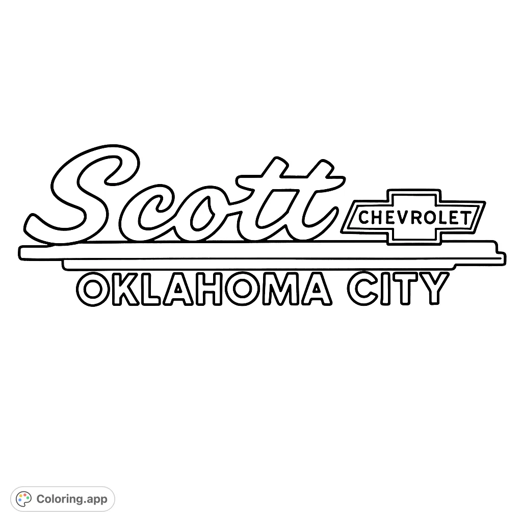 Color a classic car emblem featuring 'Scott,' 'Chevrolet,' and 'Oklahoma City' in a retro design. Perfect for vintage auto enthusiasts.