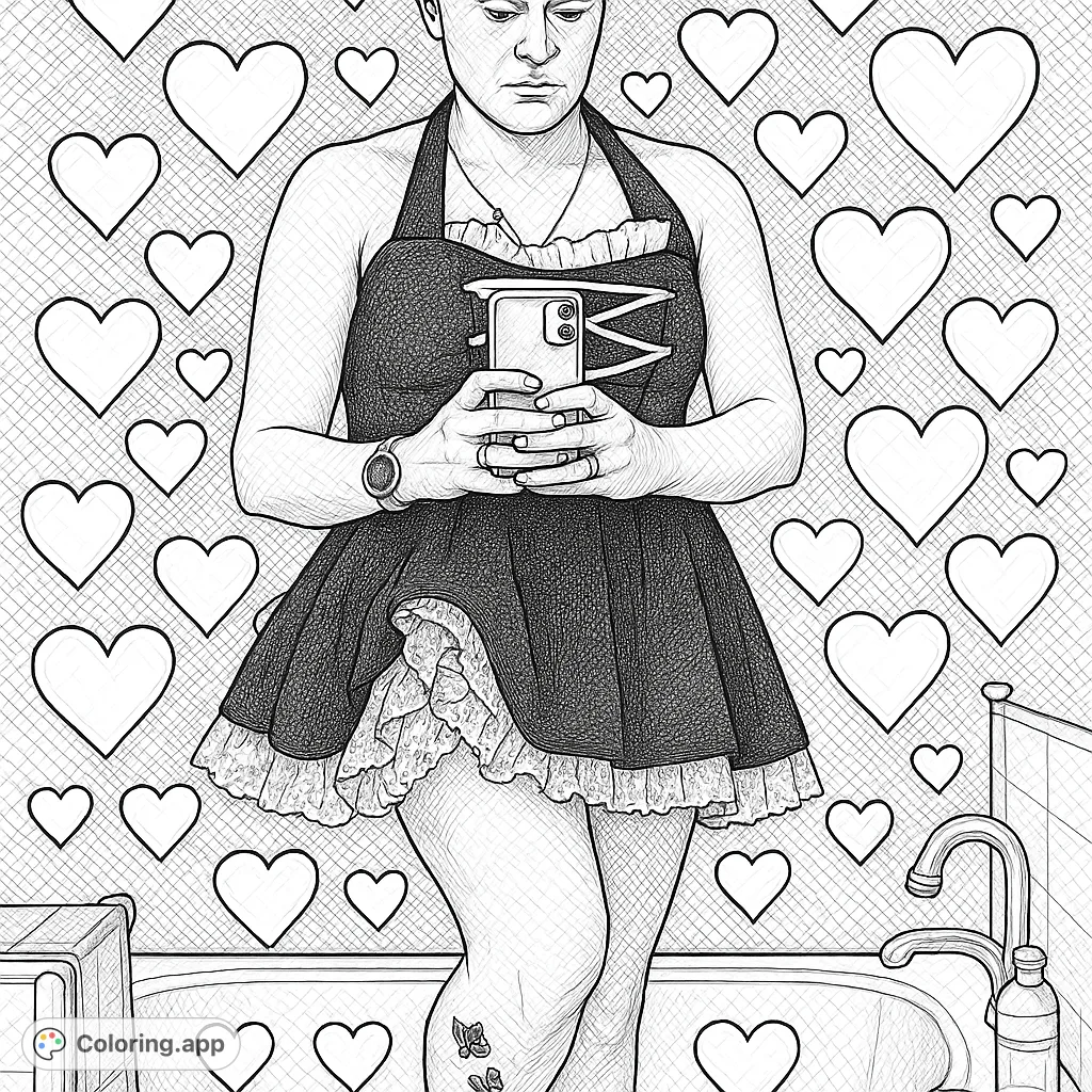 A highly detailed maid costume coloring page featuring a realistic woman with intricate lace, heart patterns, and a crosshatched bathroom background.