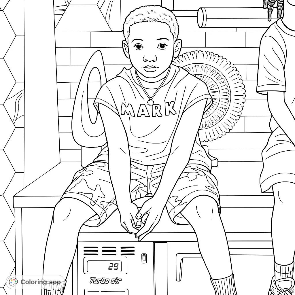 Color a cool kid in urban style, sitting on a counter with detailed clothing and a modern background. Perfect for fashion and portrait enthusiasts.