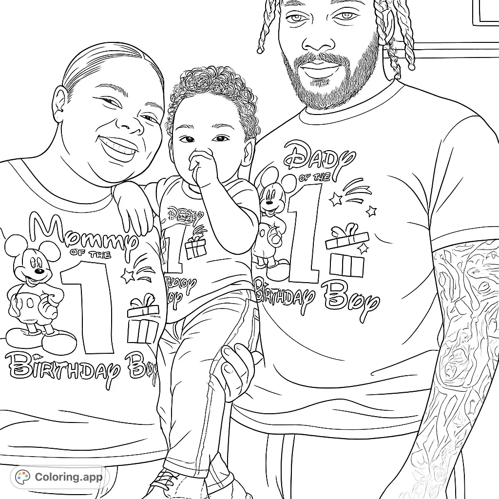 A joyful family portrait celebrating a baby's first birthday, featuring parents and their child. Perfect for personalizing with vibrant colors and intricate details.