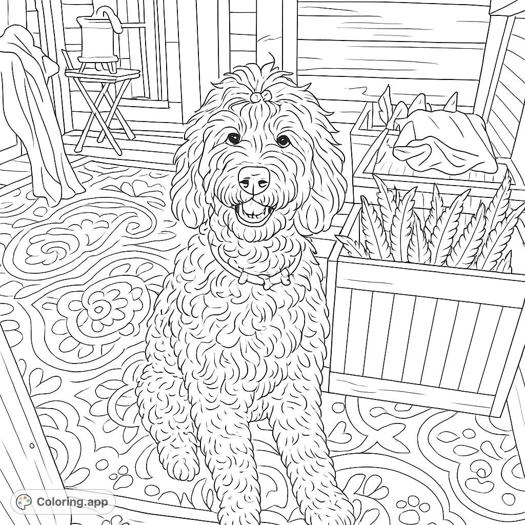 A delightful curly-haired dog with a sweet smile, sitting on a patterned rug, ready for a burst of color. Perfect for dog lovers!