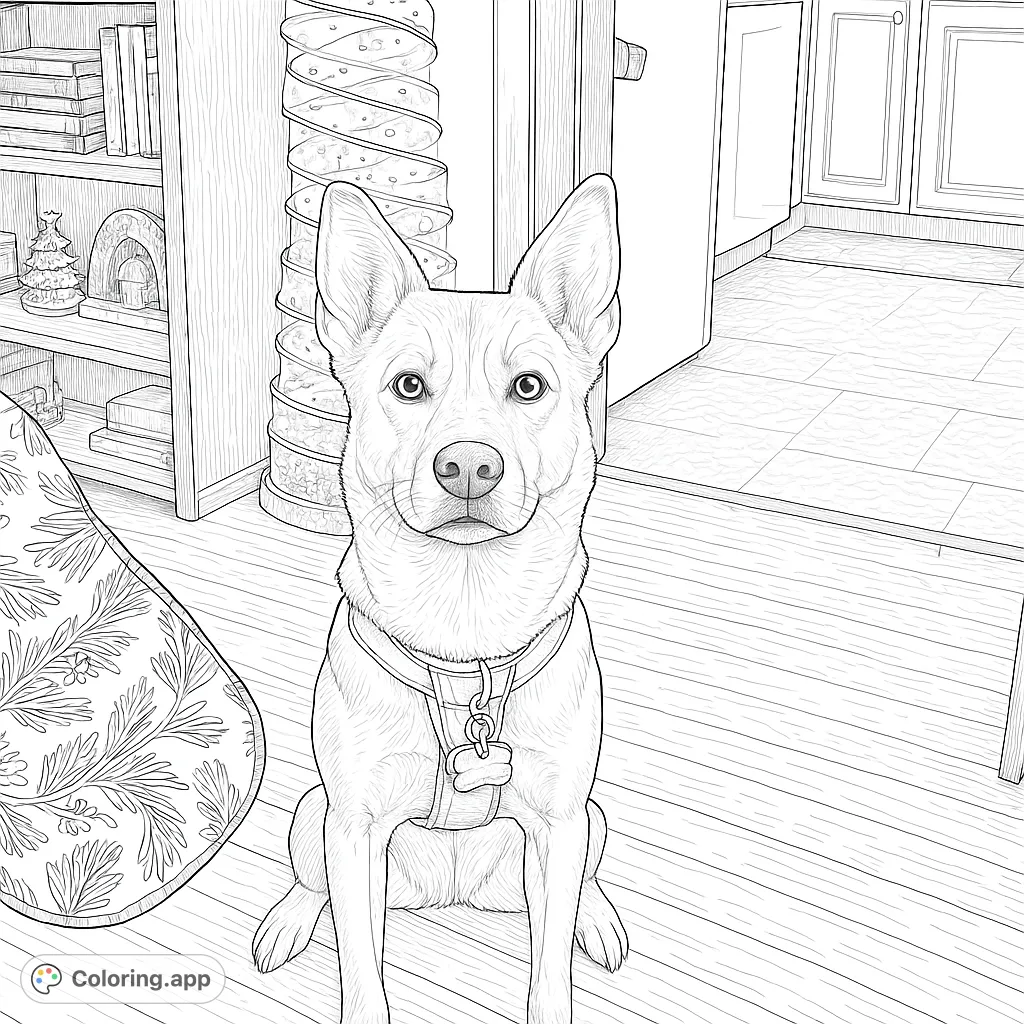 A charming dog with striking eyes sits patiently by a festive Christmas tree, ready for a cozy coloring adventure. Perfect for pet lovers!