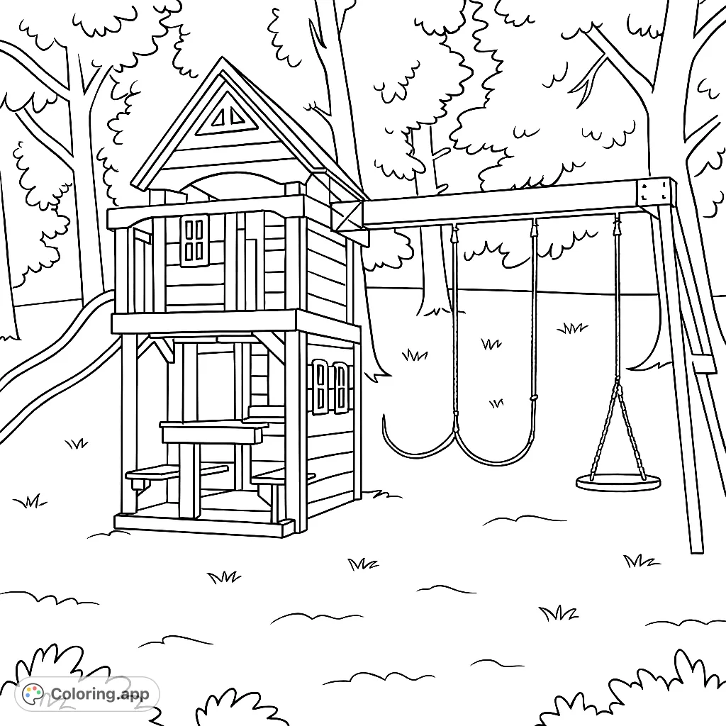 Explore a detailed backyard playhouse with a slide and swing set, nestled among trees. Perfect for imaginative outdoor fun.