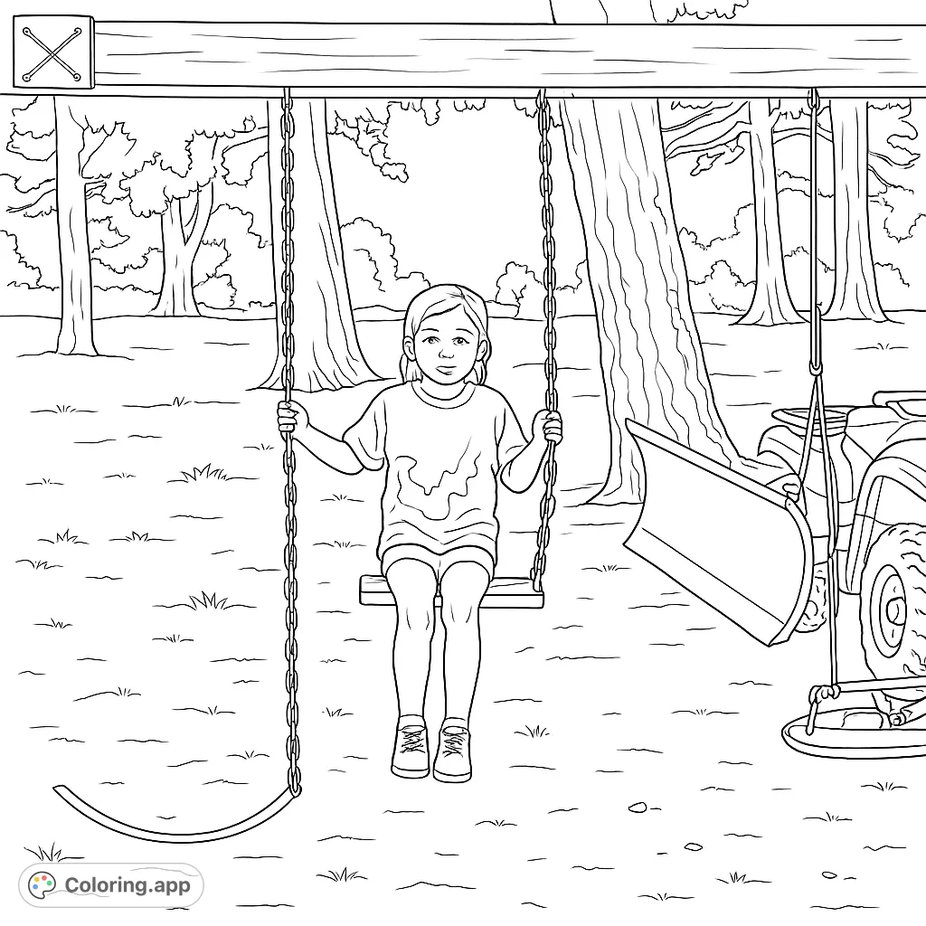A joyful child stands on a swing, ready for outdoor adventure, surrounded by tall trees. Perfect for a fun, free printable outdoor play coloring page.