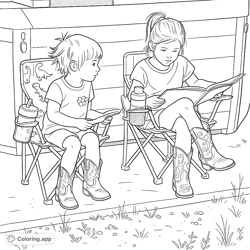 Two adorable cowgirl sisters relax in camping chairs, one reading a book, the other observing. Perfect for a charming outdoor scene coloring page.