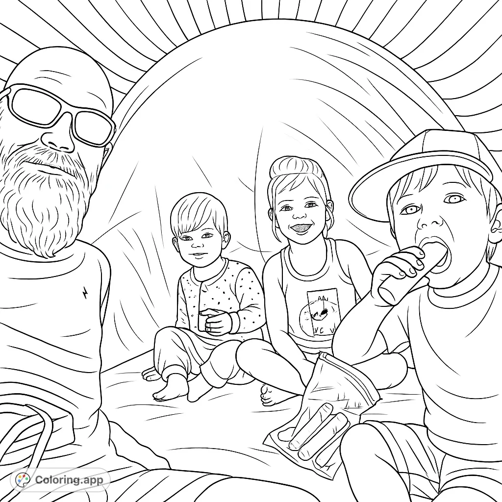 A heartwarming family tent scene featuring a bearded man and three happy children enjoying snacks. Perfect for a cozy, fun coloring experience.