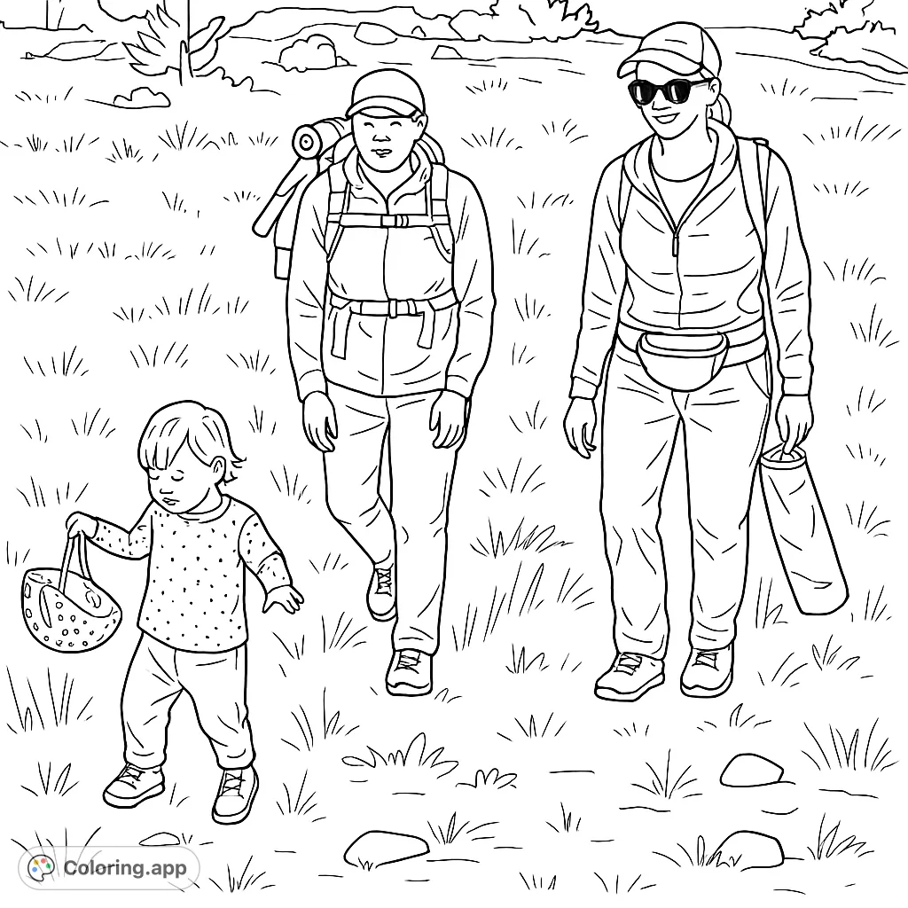 A heartwarming family hiking scene with a toddler and two adults exploring a grassy trail, perfect for an outdoor adventure coloring page.