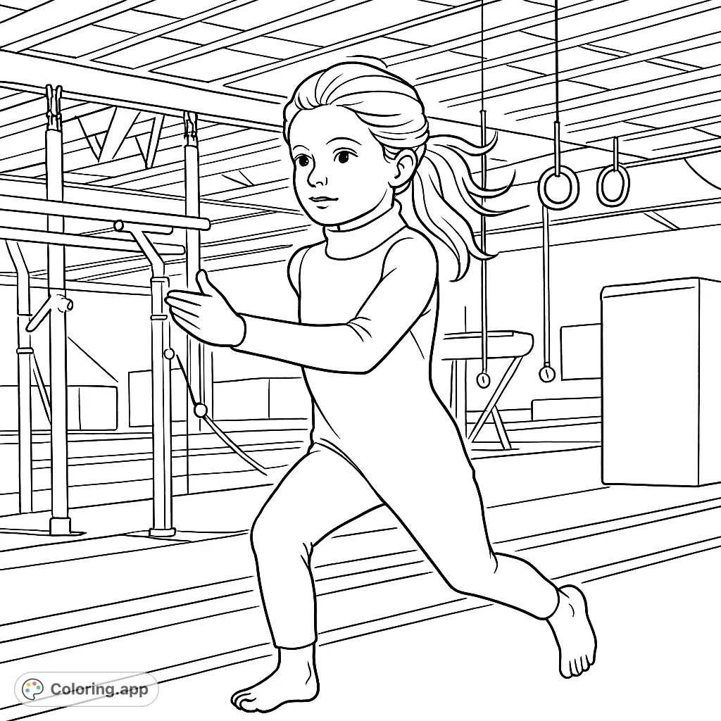 A dynamic gymnastics coloring page featuring a young girl mid-run in a gym, surrounded by equipment. Perfect for active kids and sports enthusiasts.