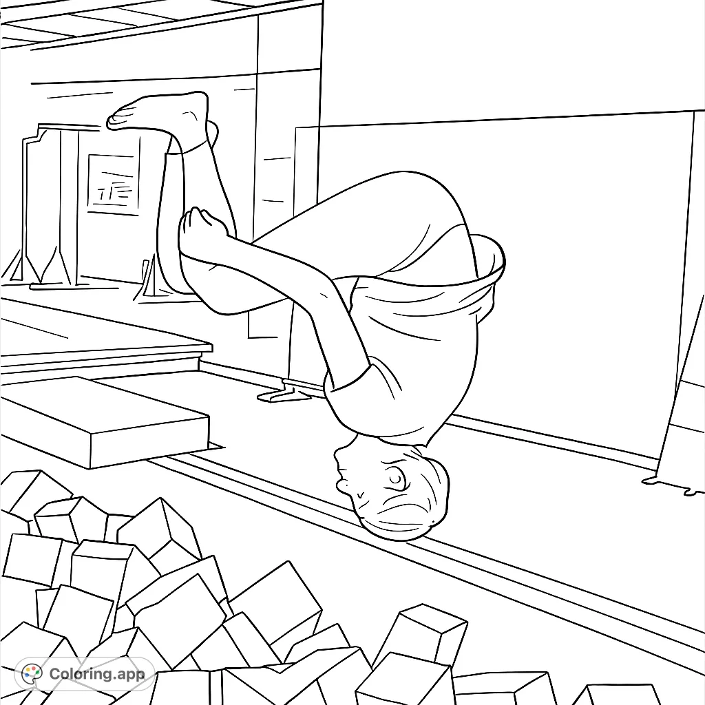Capture the excitement of a gymnast mid-somersault over a foam pit. This dynamic line art features a person upside down, ready for vibrant colors. Ideal for sports enthusiasts.