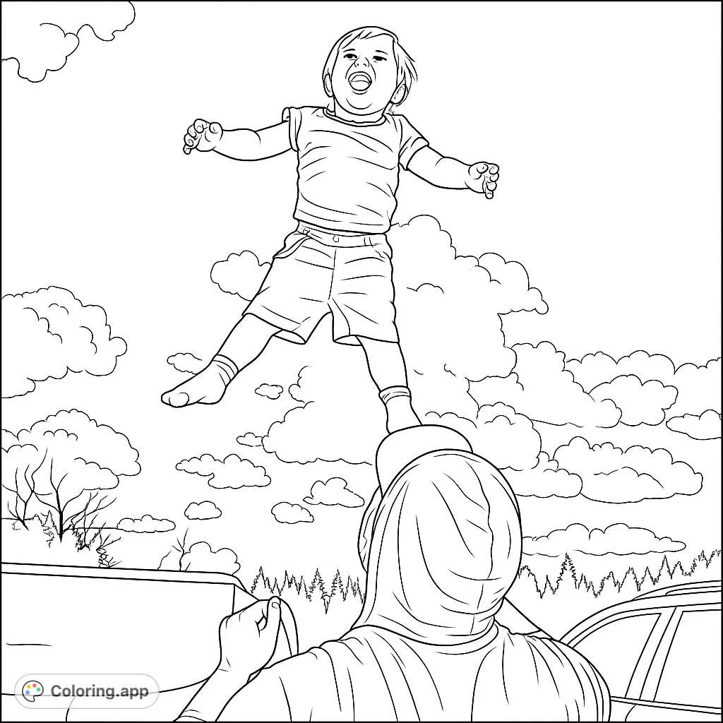 A joyful child is lifted high into the sky by an adult, arms outstretched against fluffy clouds and distant trees. A heartwarming family moment.