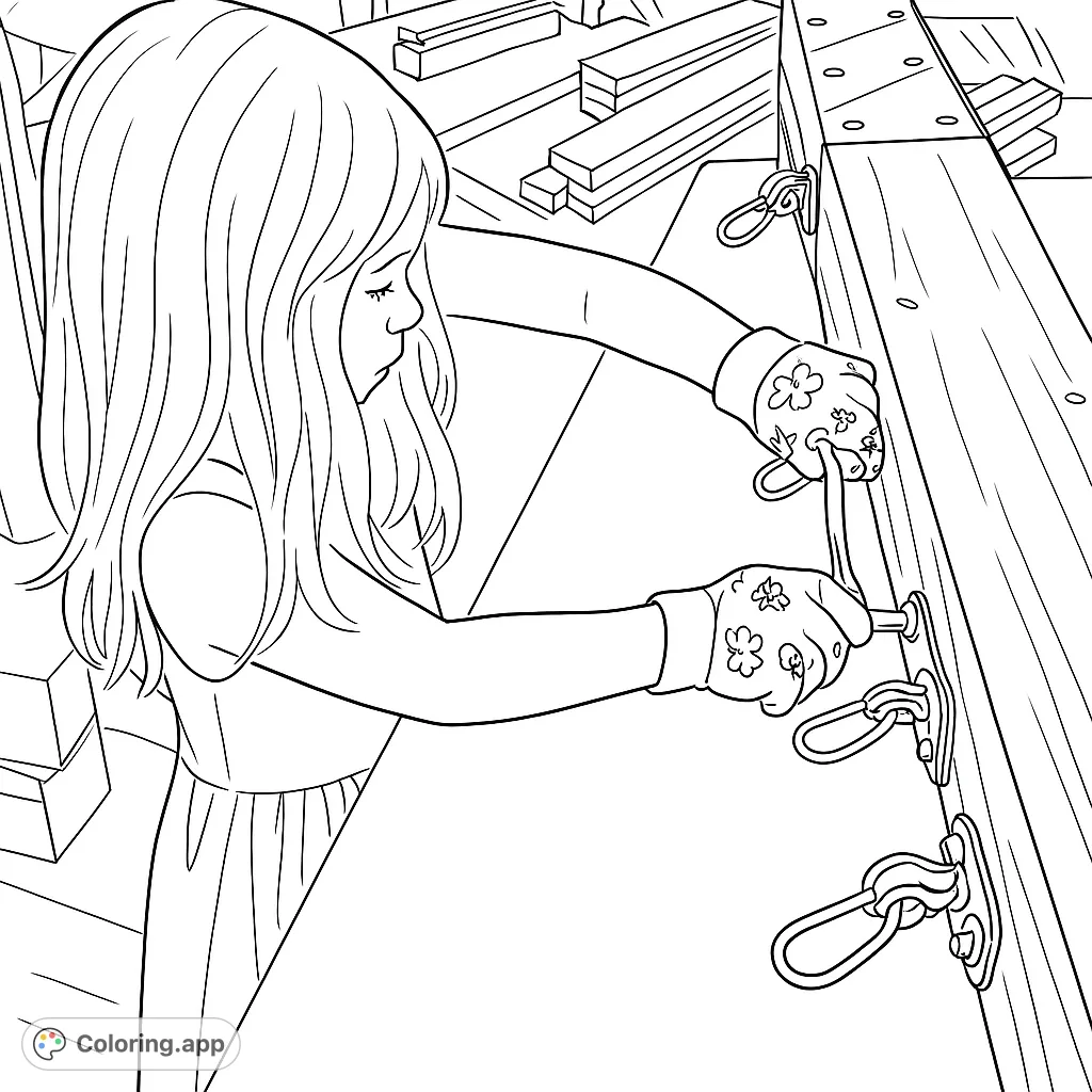 A young child in work gloves actively engaged with a large wooden beam, perfect for a hands-on construction coloring page.