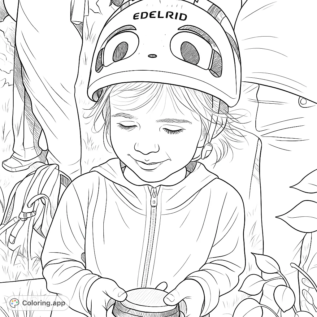 A cheerful child in a climbing helmet holds a fun button device, ready for adventure. Perfect for young explorers and outdoor enthusiasts!