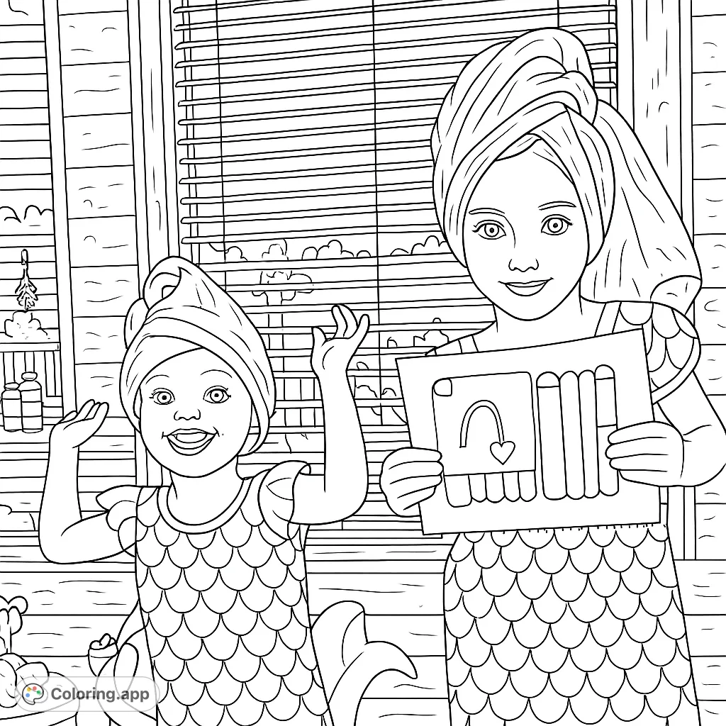 Two joyful girls in mermaid dresses with towel turbans, one proudly showing her craft. A fun, whimsical scene for coloring!