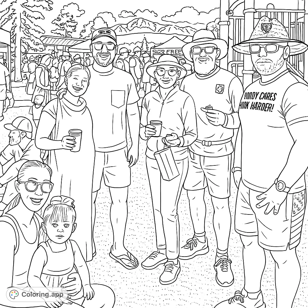 A lively outdoor festival scene with friends and family enjoying a sunny day against a majestic mountain backdrop, perfect for a fun coloring experience.