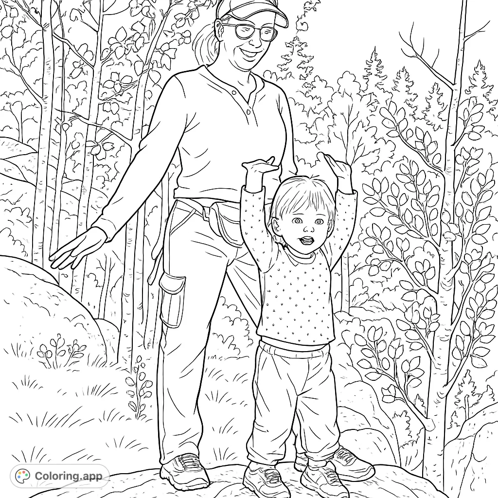 A joyful woman and child on a mountain hike, surrounded by trees and rocks. Perfect for nature lovers and family fun.