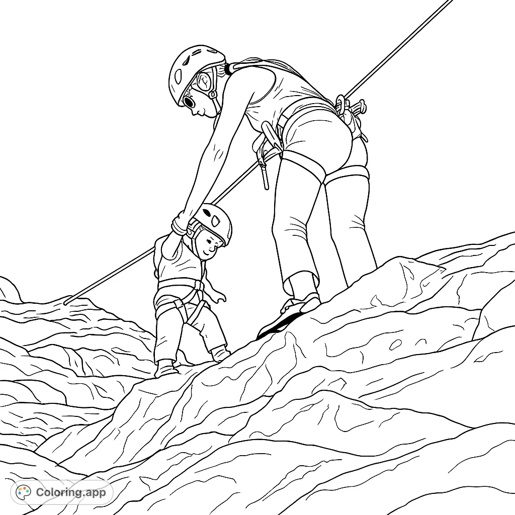 An adventurous mountain rappelling scene with an adult guiding a child down rocky terrain. Perfect for an outdoor adventure coloring page.