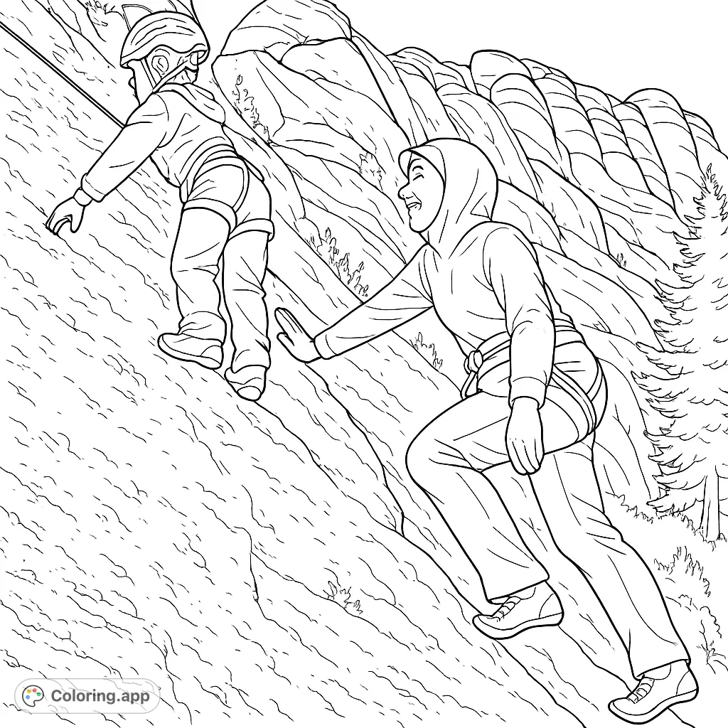 An exciting rock climbing coloring page featuring two climbers ascending a rugged mountain, perfect for adventure enthusiasts of all ages.