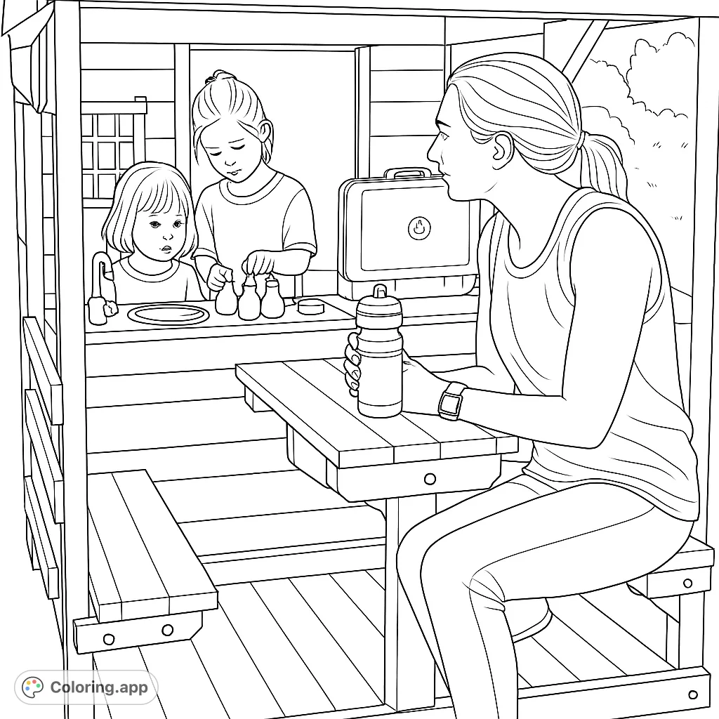 A delightful playhouse scene featuring a woman and two children engaged in imaginative play with a toy kitchen and grill, perfect for family fun.