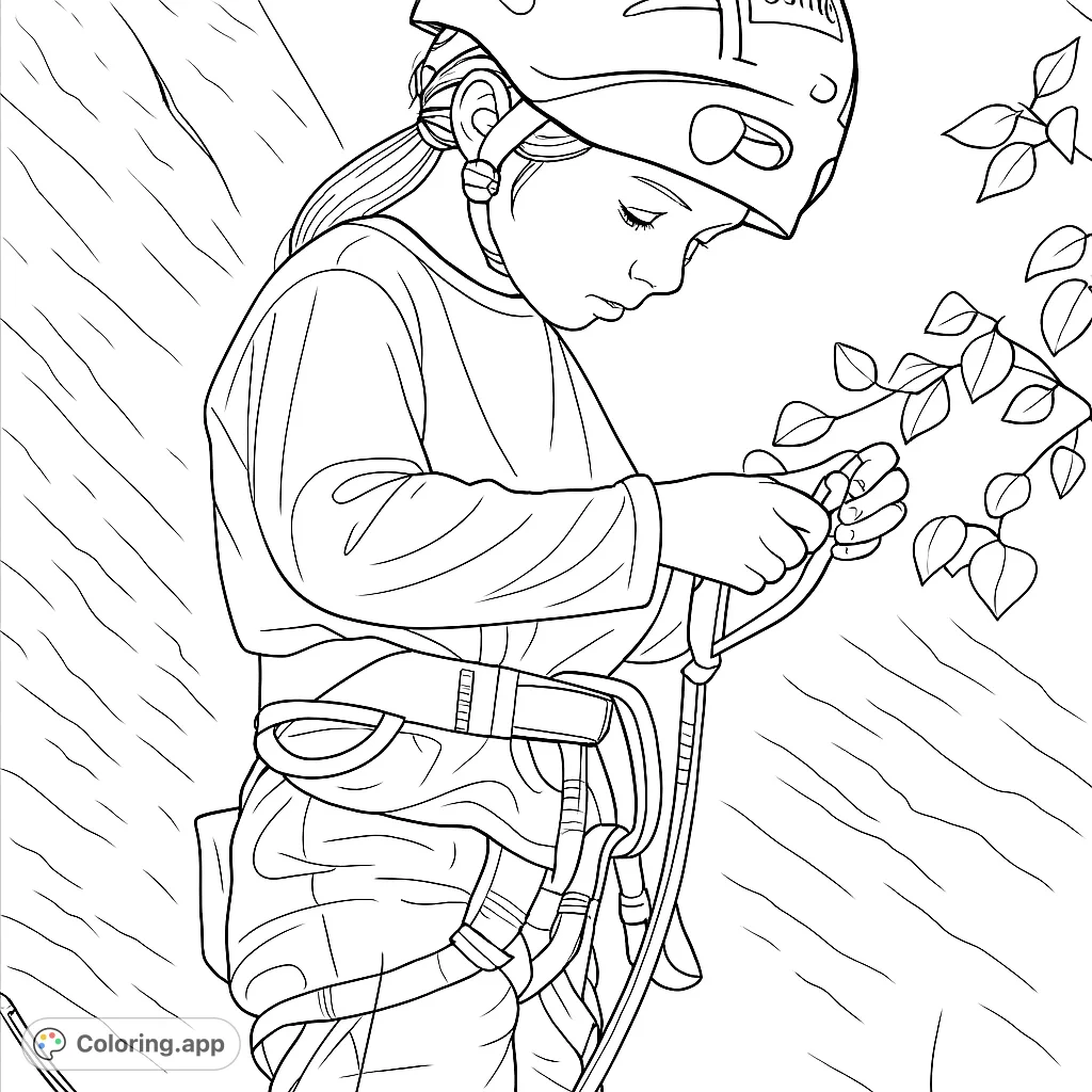 A young climber in full gear, focused on her rope and carabiner against a textured rock face. An adventurous scene for coloring fun!