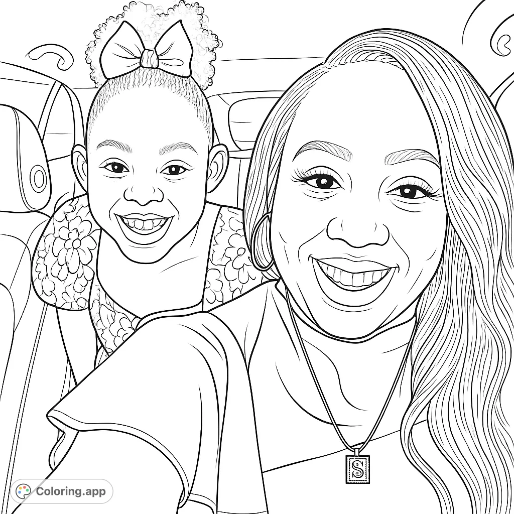 A heartwarming mother and daughter selfie in a car, featuring big smiles, a cute bow, and a floral top, perfect for a joyful coloring experience.