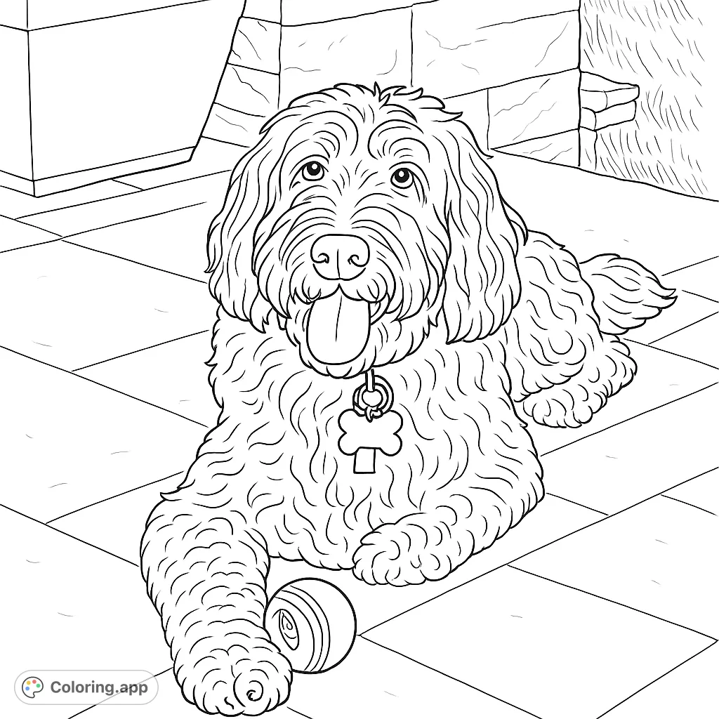 A charming curly-haired dog with a playful expression, lying down with its ball. Perfect for pet lovers to color and relax.