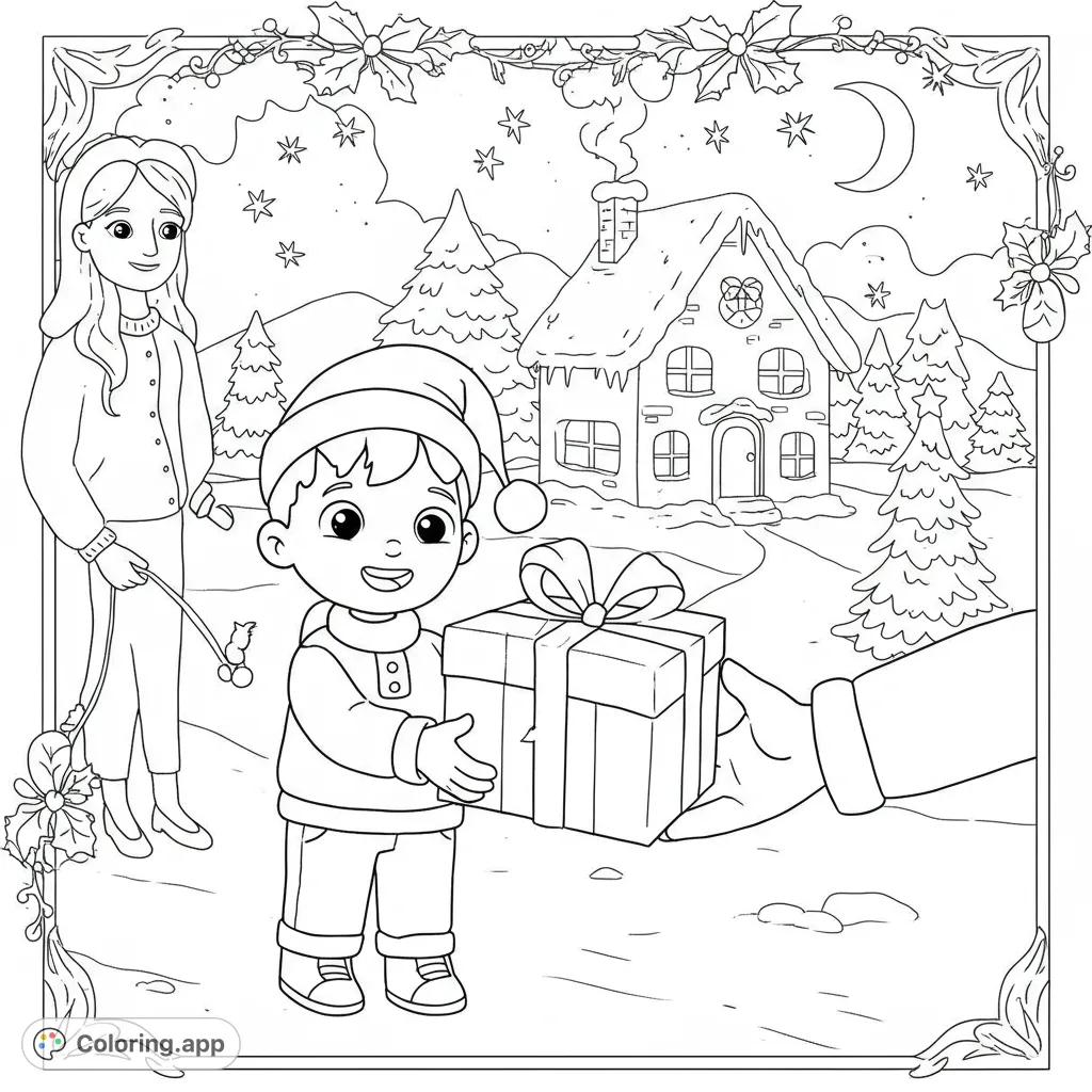 A heartwarming Christmas scene featuring a child giving a gift to a parent amidst a snowy, festive landscape, perfect for holiday coloring fun.