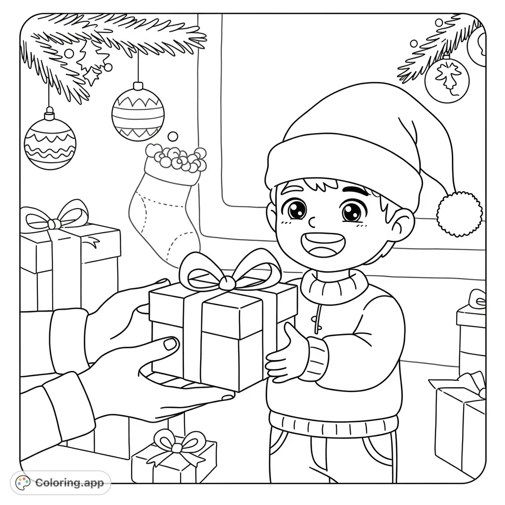 A heartwarming Christmas scene: a happy child gives a gift to a parent, capturing pure joy and festive spirit in a delightful line drawing. Perfect for holiday fun!
