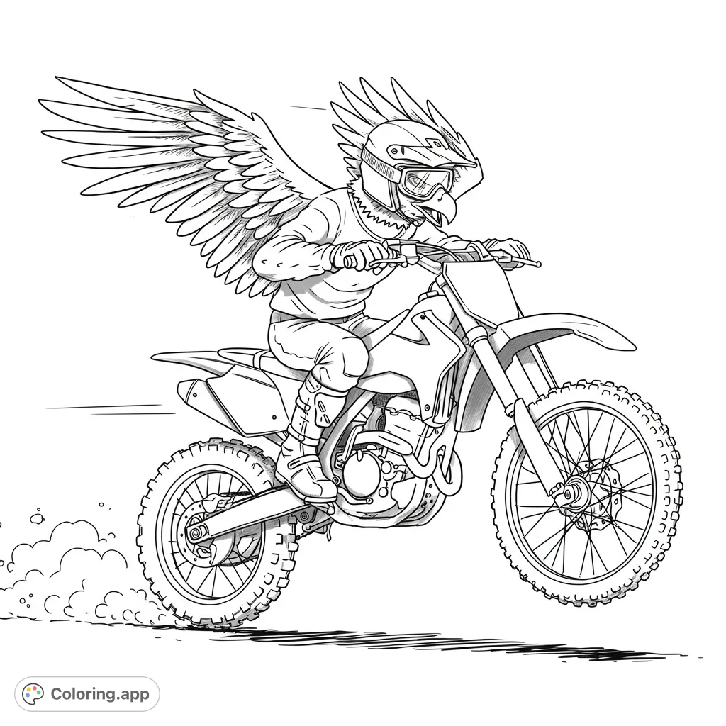 Dynamic bald eagle on a dirtbike, pure black and white line art for a thrilling coloring adventure. Perfect for all ages.