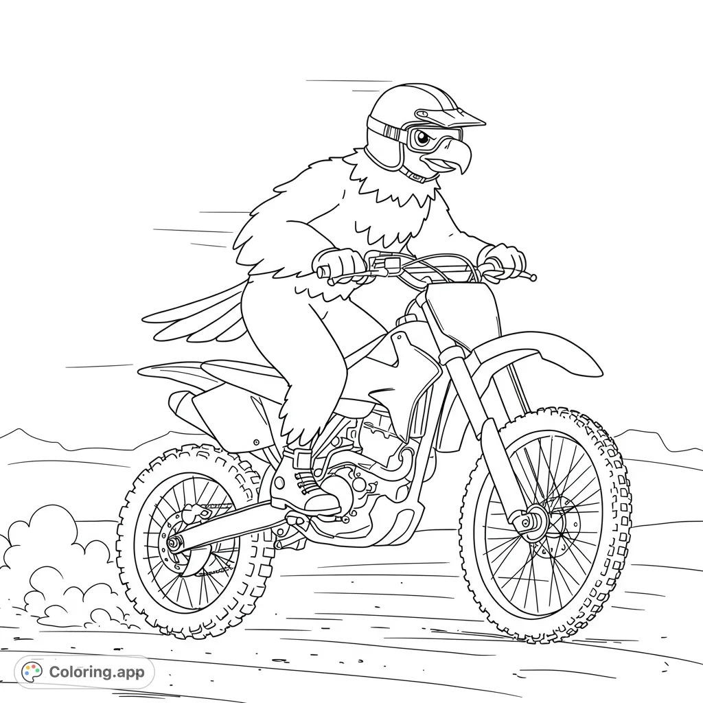 A thrilling bald eagle dirtbike coloring page, perfect for fans of animals and vehicles. This free printable coloring page features a majestic eagle on a dynamic dirtbike.