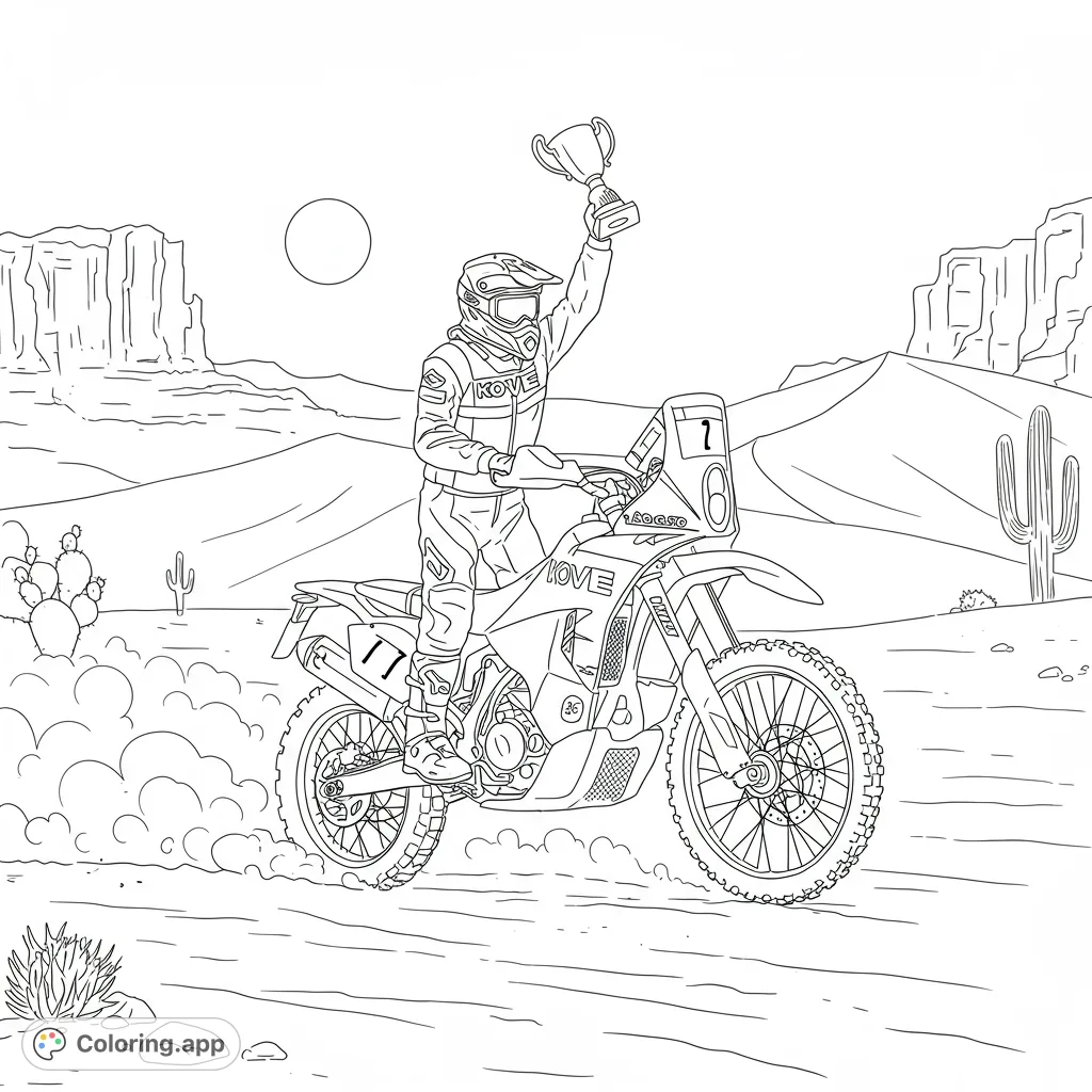 Experience the thrill of rally racing! A Kove 450 motorcycle speeds through the desert, rider holding a Dakar trophy. Perfect for adventure fans.