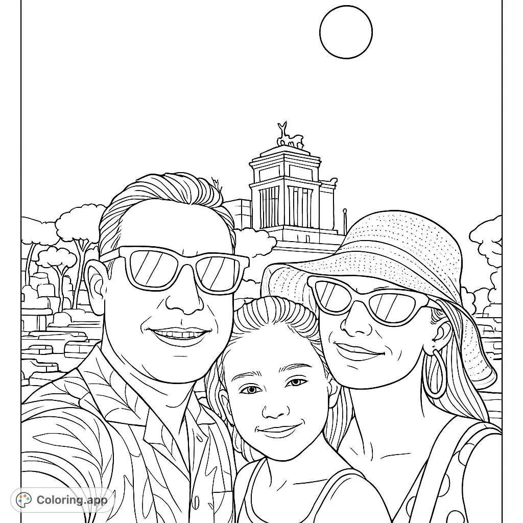 Capture a happy family moment in front of a grand monument. A delightful travel-themed coloring page for all ages.