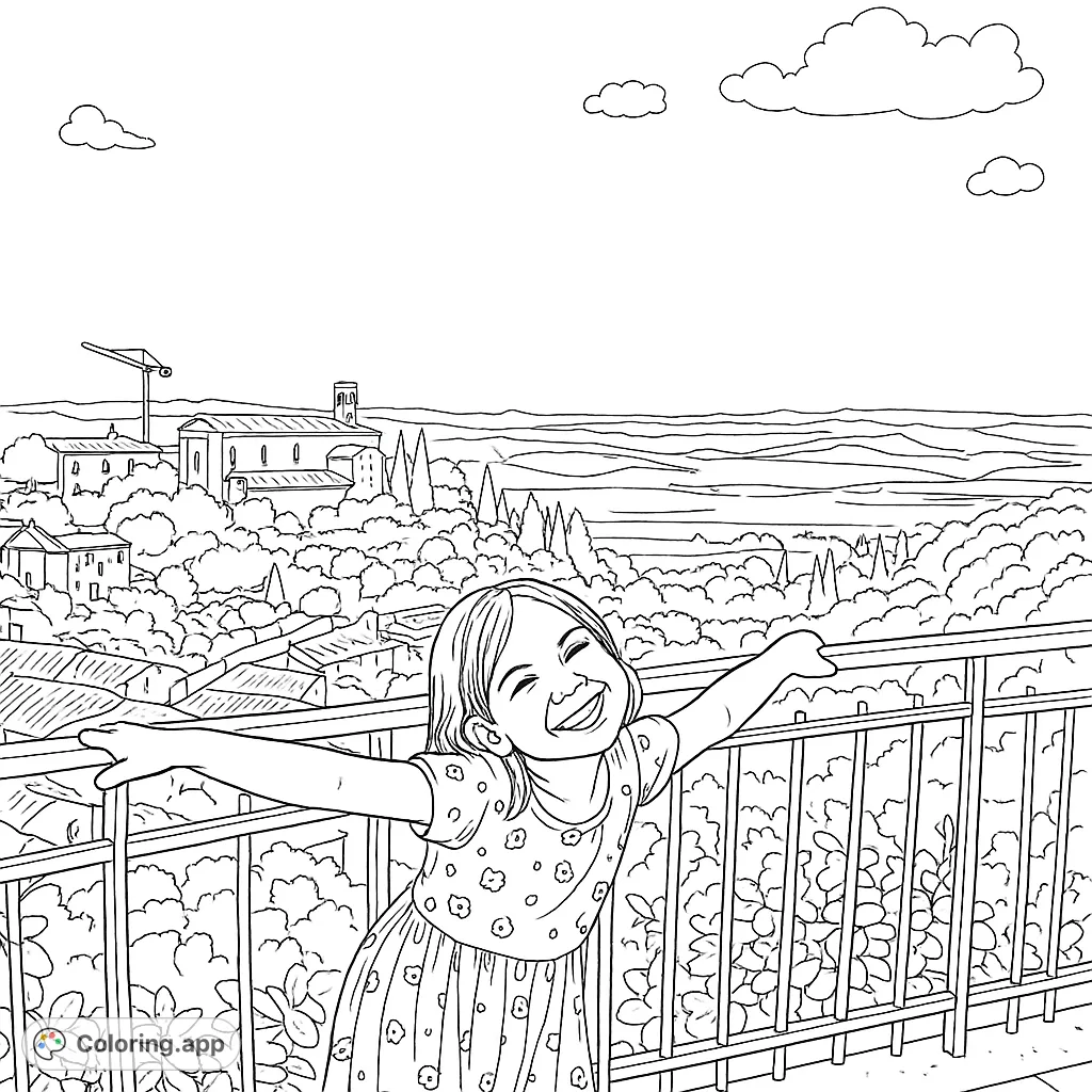 A happy girl smiles over a scenic European town with rolling hills and a detailed railing. Perfect for a joyful coloring experience.