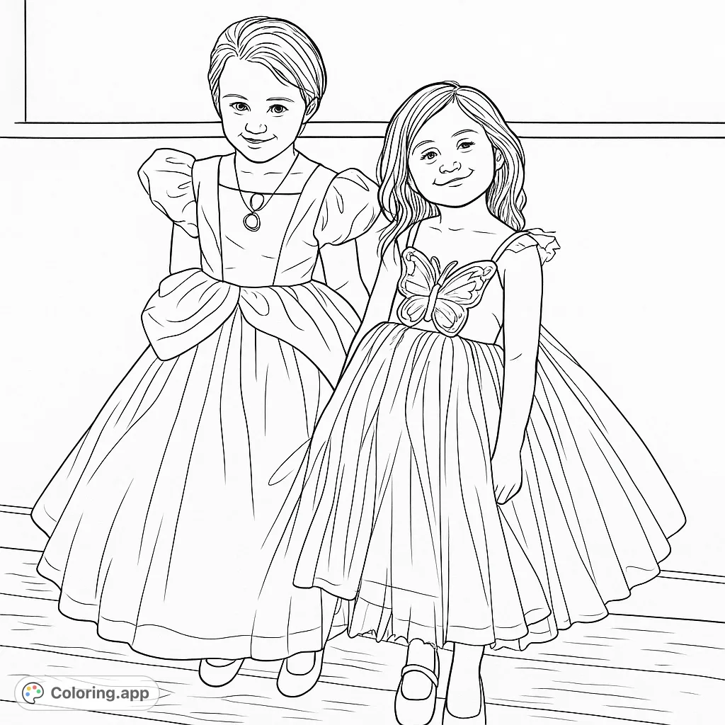 Two enchanting girls in beautiful princess and fairy dresses, ready for a magical coloring adventure. Perfect for imaginative play and creative expression.