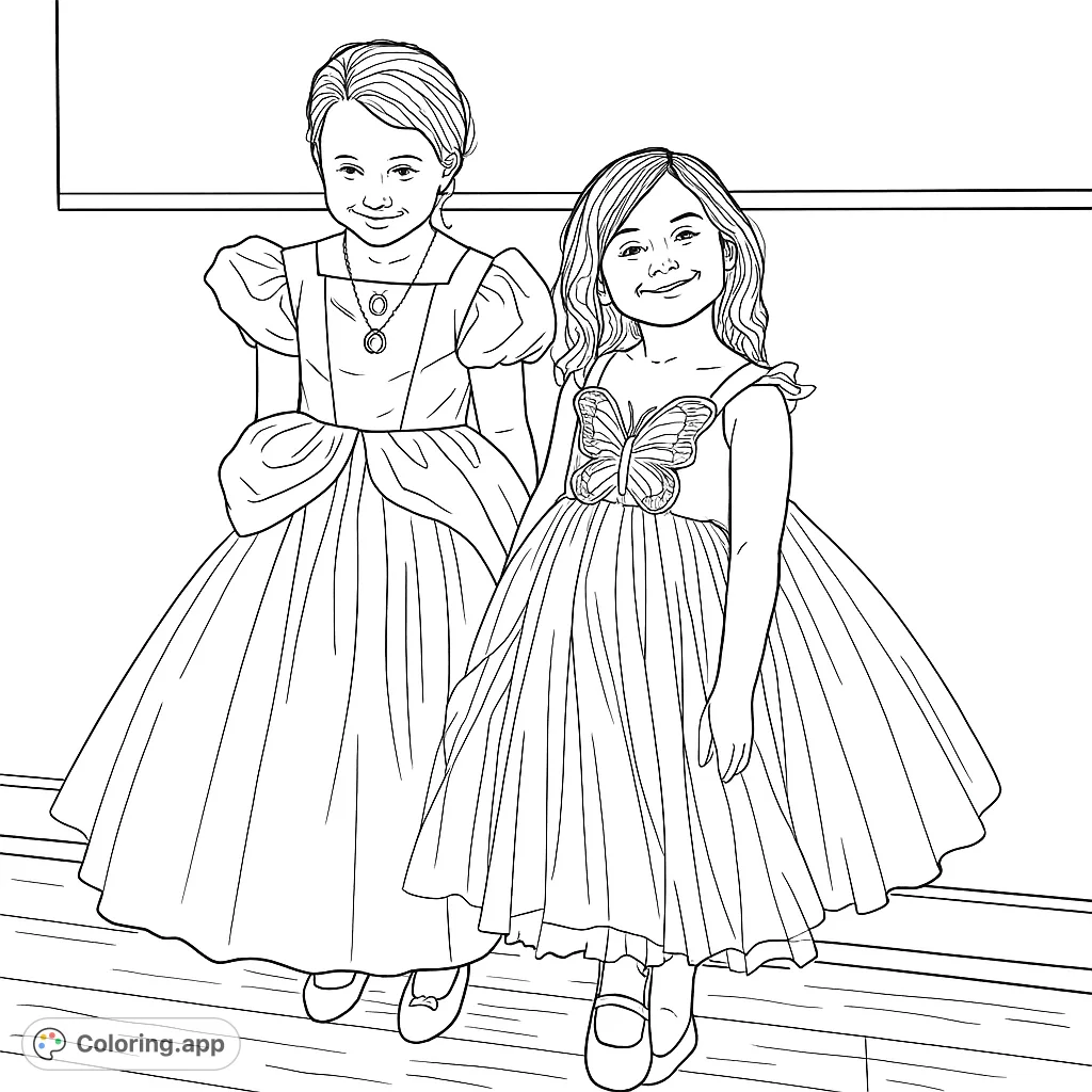 Two enchanting girls in beautiful princess and fairy dresses, ready for a magical coloring adventure. Perfect for imaginative play and creative expression.