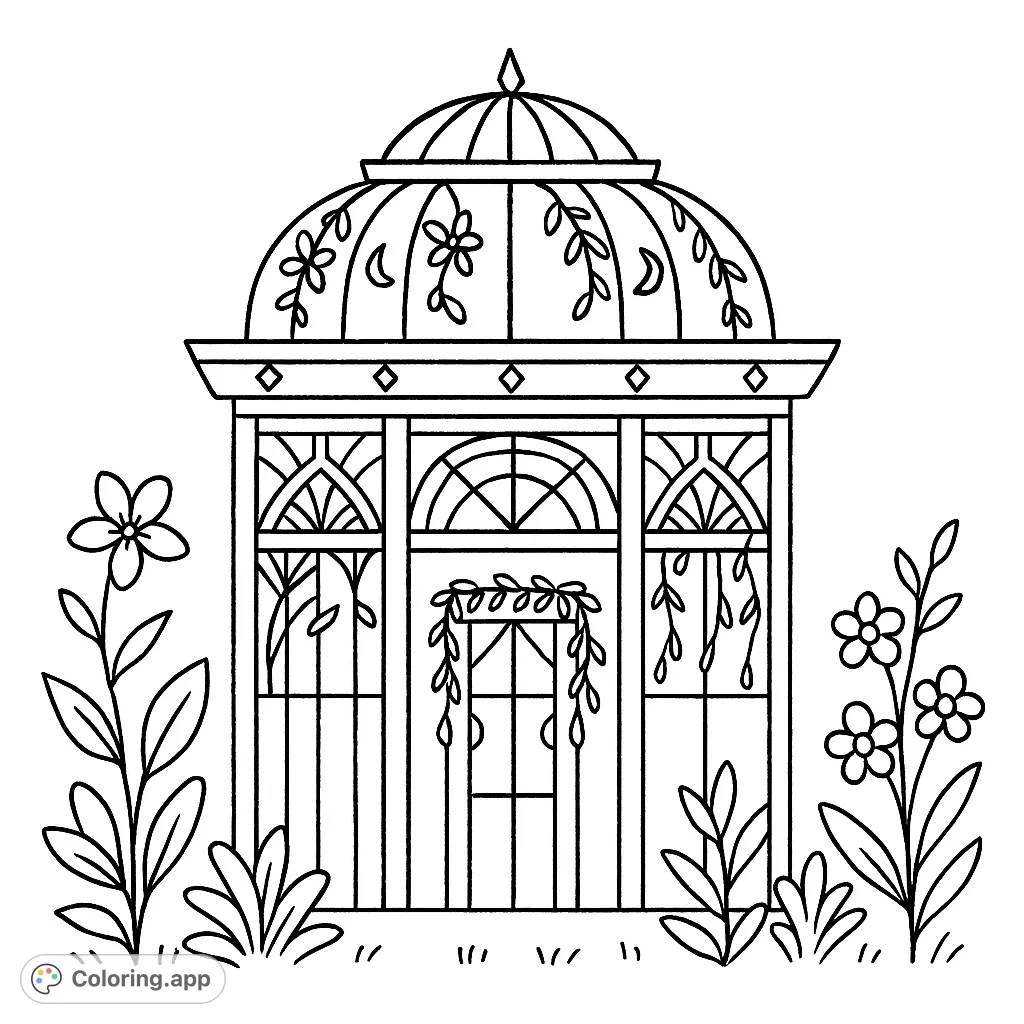Enchanted greenhouse coloring page with delicate floral details, perfect for a relaxing creative escape.